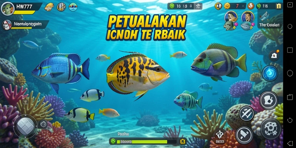 Screenshot dari gameplay HW777 yang menampilkan aksi menembak ikan.