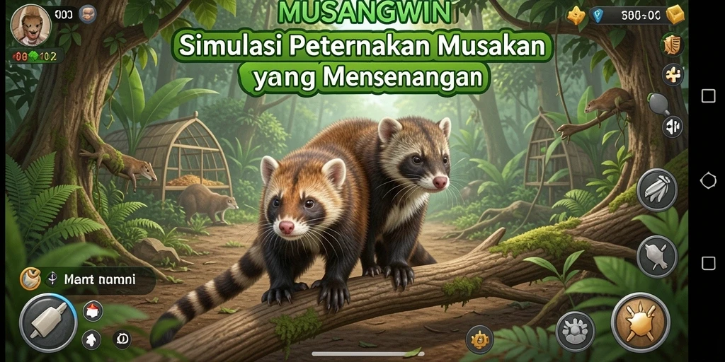 Tampilan gameplay <strong>MUSANGWIN</strong> yang menampilkan aktivitas peternakan musang.