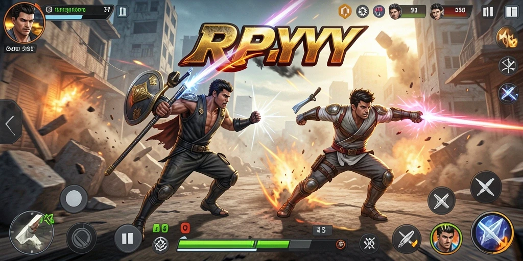 Tampilan aksi mendebarkan dari gameplay RPYYY dalam pertempuran.