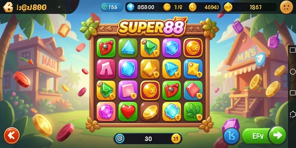 Screenshot menunjukkan gameplay match-3 yang seru dan penuh warna.